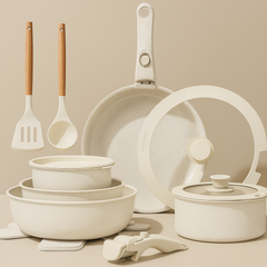 17-delars Non-stick Grytset & Stekpanneset med Avtagbart Handtag Keramisk Beläggning för Induktion & Ugn