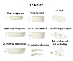 17-delars Non-stick Grytset & Stekpanneset med Avtagbart Handtag Keramisk Beläggning för Induktion & Ugn
