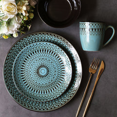 Keramikservis med Mönster – 4-delars Set: Tallrik, Pastatallrik, Djup Tallrik & Mugg i Porslin