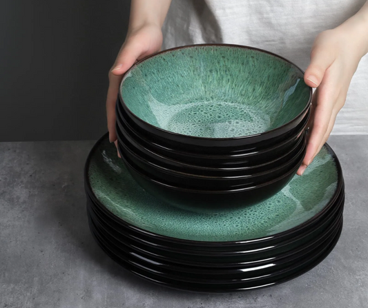 6-pack Keramik Middagstallrikar – Grön Djup Tallrik med Reactive Glaze, Ø26 cm – Pastatallrik & Servis