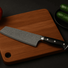 7-tums Kockkniv i Damaskusstål VG10 – Professionell Handgjord Kökskniv med Svart Trähandtag & Presentask