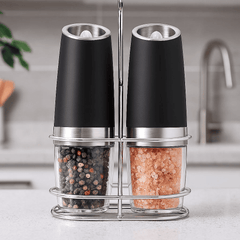 Elektrisk Salt- och Pepparkvarn i Set – Automatisk, Justerbar, Med LED-ljus & Ställ