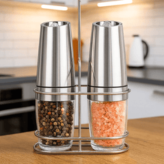 Elektrisk Salt- och Pepparkvarn i Set – Automatisk, Justerbar, Med LED-ljus & Ställ