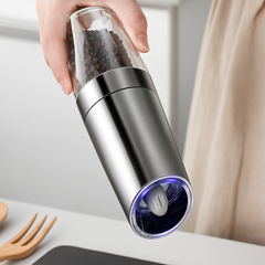 Elektrisk Salt- och Pepparkvarn i Set – Automatisk, Justerbar, Med LED-ljus & Ställ