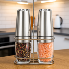 Elektrisk Salt- och Pepparkvarn i Set – Automatisk, Justerbar, Med LED-ljus & Ställ