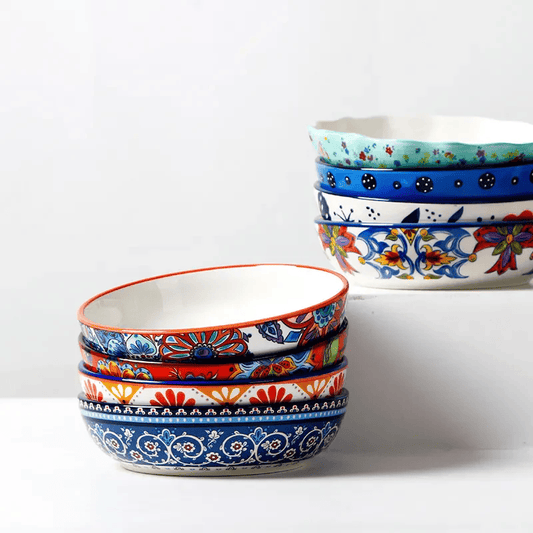 Färgglada Handmålade Keramikskålar – Set med Orientaliska Mönster för Servering