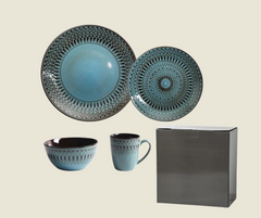 Keramikservis med Mönster – 4-delars Set: Tallrik, Pastatallrik, Djup Tallrik & Mugg i Porslin