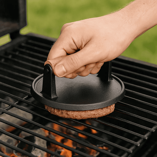 Gjutjärns Köttpress med Trähandtag – Robust Grillverktyg i Klassisk Design