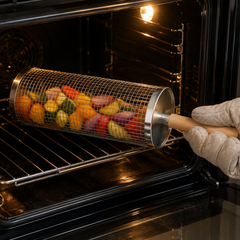 Roterande Grillkorg i 304 Rostfritt Stål – Grillkorg för Grönsaker, Potatis & Mindre Grillbitar