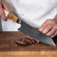 Japansk Kökskniv i Damaskusstål – Professionell Handgjord Kockkniv med Blått Handtag, 8 Tum