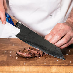 Japansk Kökskniv i Damaskusstål – Professionell Handgjord Kockkniv med Blått Handtag, 8 Tum