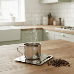 Kaffekopp i rostfritt stål med fat – Modern kaffemugg 170 ml