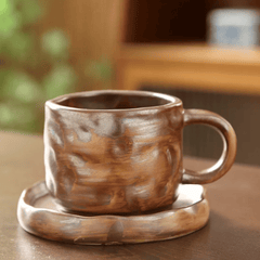 Kaffekopp med fat i keramik – Handgjord retro stengodskopp 270 ml