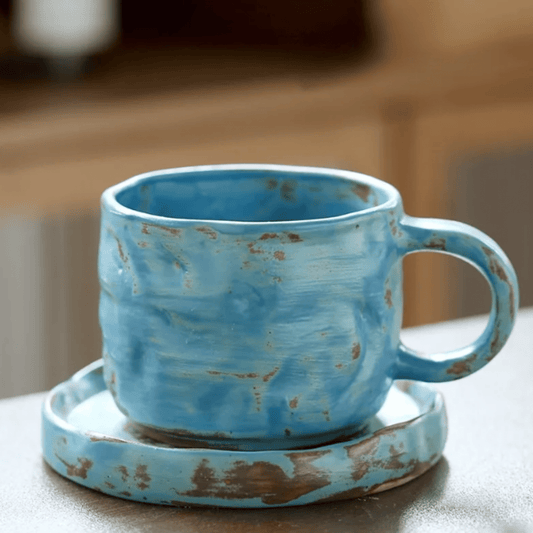 Kaffekopp med fat i keramik – Handgjord retro stengodskopp 270 ml