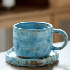 Kaffekopp med fat i keramik – Handgjord retro stengodskopp 270 ml