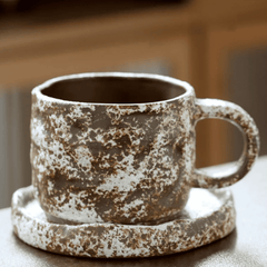 Kaffekopp med fat i keramik – Handgjord retro stengodskopp 270 ml