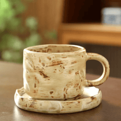 Kaffekopp med fat i keramik – Handgjord retro stengodskopp 270 ml