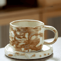 Kaffekopp med fat i keramik – Handgjord retro stengodskopp 270 ml