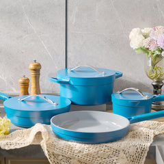 Keramiska Non Stick Grytset – 3 Delar Blå | Induktionsvänliga Grytor & Stekpannor med Lock"