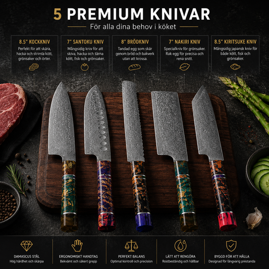 Knivset 5 Delar i Rostfritt Stål – Professionella Köksknivar med Ergonomiskt Handtag | Kockkniv, Santoku, Brödkniv & Nakiri