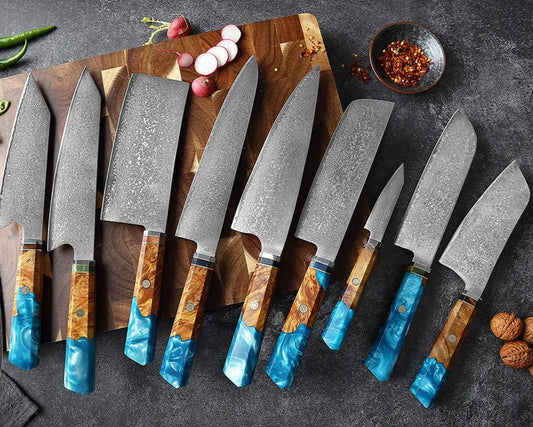 Knivset 9-delar i Rostfritt Damaskusstål – Professionella Köksknivar med Ergonomiskt Handtag för Hem & Restaurang