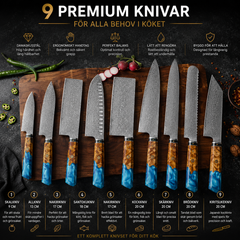 Professionellt Knivset i Rostfritt Stål med Damaskusmönster – 4 eller 9 Köksknivar med Ergonomiskt Handtag