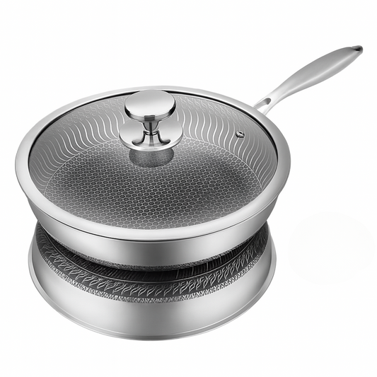 Rostfri Stekpanna och Gryta – Dubbelsidig Non-Coated Kastrull med Glaslock, Flera Storlekar