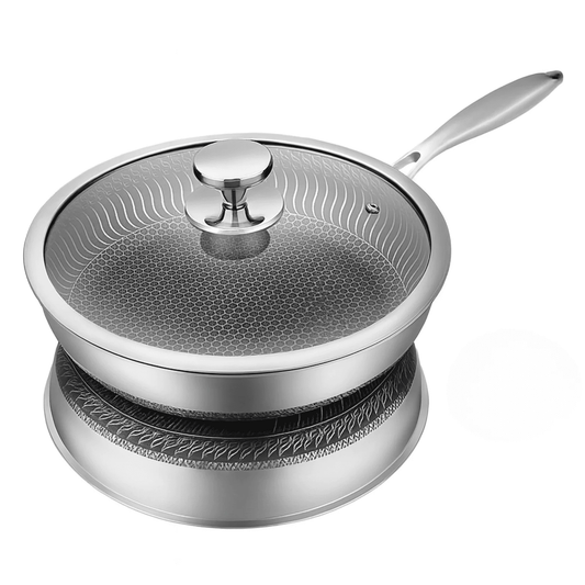 Rostfri Stekpanna och Gryta – Dubbelsidig Non-Coated Kastrull med Glaslock, Flera Storlekar