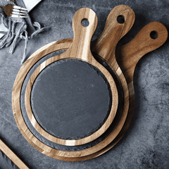 Rustik Serveringsbricka i Trä och Skiffer – Rund Bricka med Handtag för Ost, Tapas & Charkuterier
