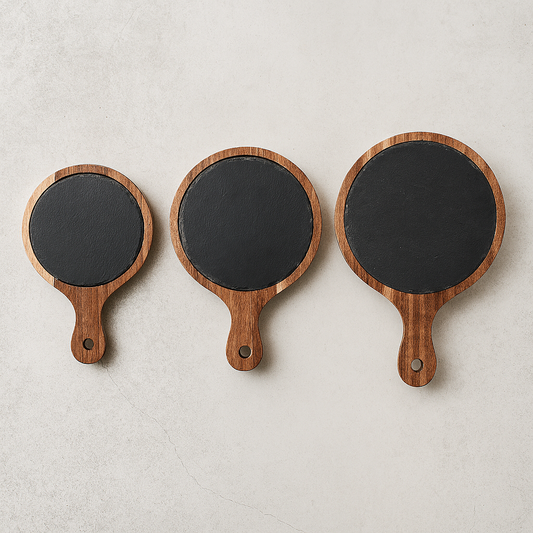 Rustik Serveringsbricka i Trä och Skiffer – Rund Bricka med Handtag för Ost, Tapas & Charkuterier