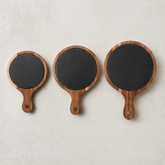 Rustik Serveringsbricka i Trä och Skiffer – Rund Bricka med Handtag för Ost, Tapas & Charkuterier