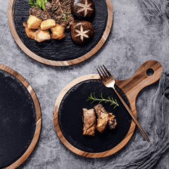 Rustik Serveringsbricka i Trä och Skiffer – Rund Bricka med Handtag för Ost, Tapas & Charkuterier