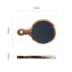 Rustik Serveringsbricka i Trä och Skiffer – Rund Bricka med Handtag för Ost, Tapas & Charkuterier