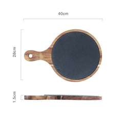 Rustik Serveringsbricka i Trä och Skiffer – Rund Bricka med Handtag för Ost, Tapas & Charkuterier