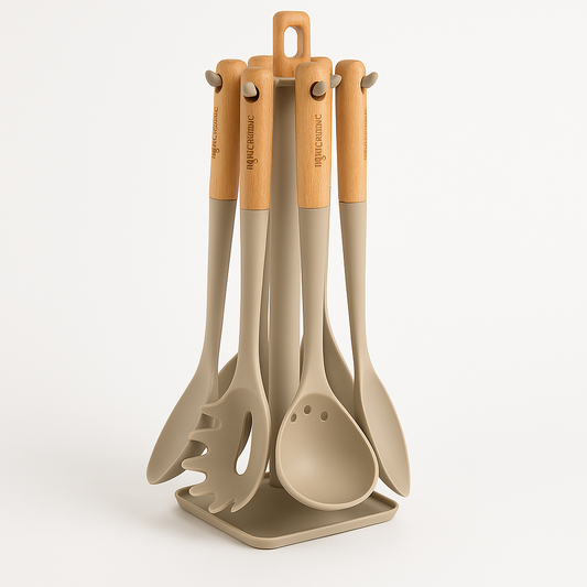 Silikon Kökredskapset med Trähandtag – 7 Delar med Värmetåliga Redskap & Ställ