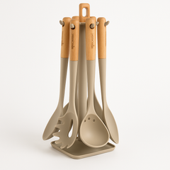 Silikon Kökredskapset med Trähandtag – 7 Delar med Värmetåliga Redskap & Ställ