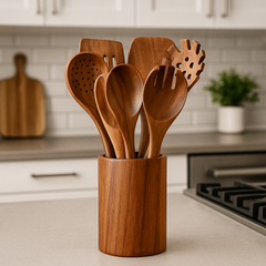 Trä köksredskap set i hållbart akaciaträ – miljövänligt & stilrent för matlagning