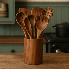 Trä köksredskap set i hållbart akaciaträ – miljövänligt & stilrent för matlagning
