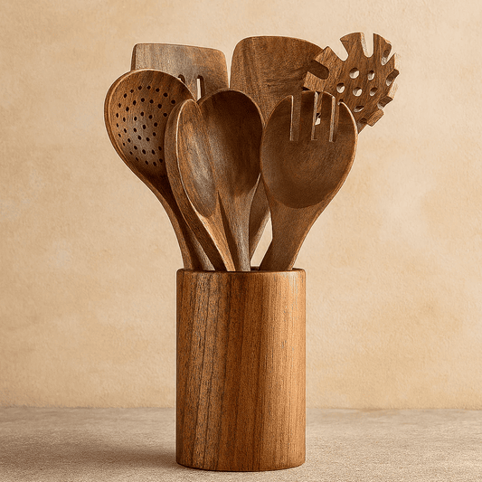 Trä köksredskap set i hållbart akaciaträ – miljövänligt & stilrent för matlagning