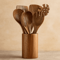 Trä köksredskap set i hållbart akaciaträ – miljövänligt & stilrent för matlagning