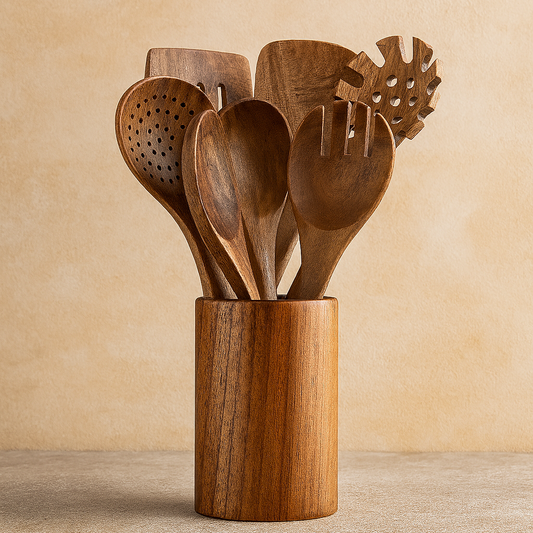 Trä köksredskap set i hållbart akaciaträ – miljövänligt & stilrent för matlagning