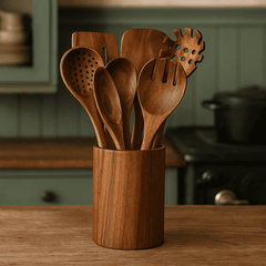 Trä köksredskap set i hållbart akaciaträ – miljövänligt & stilrent för matlagning