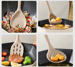 Silikon Kökredskapset med Trähandtag – 7 Delar med Värmetåliga Redskap & Ställ