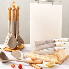 Silikon Kökredskapset med Trähandtag – 7 Delar med Värmetåliga Redskap & Ställ