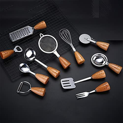 12-delars Köksredskapset i Rostfritt Stål med Trähandtag – Smarta Kökstillbehör för Matlagning och Servering