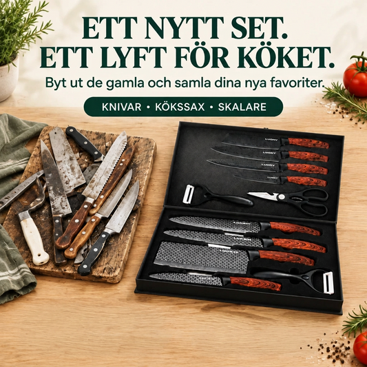 Professionellt Knivset med Kockkniv, Japanska Köksknivar & Kökssax – Rostfritt Stål med Ergonomiskt Trähandtag (6 Delar)