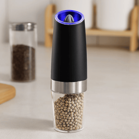 Elektrisk Salt- och Pepparkvarn i Set – Automatisk, Justerbar, Med LED-ljus & Ställ