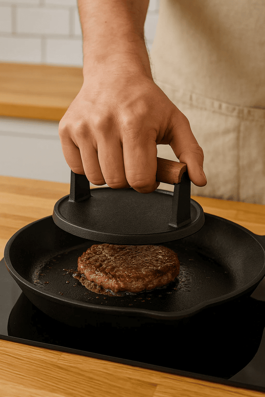 Gjutjärns Köttpress med Trähandtag – Robust Grillverktyg i Klassisk Design