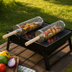 Roterande Grillkorg i 304 Rostfritt Stål – Grillkorg för Grönsaker, Potatis & Mindre Grillbitar