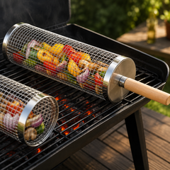 Roterande Grillkorg i 304 Rostfritt Stål – Grillkorg för Grönsaker, Potatis & Mindre Grillbitar